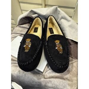 Polo Ralph Lauren Americana Bear USA Flag Moccasin Slippers‎ Navy Ladies 10 NWOT